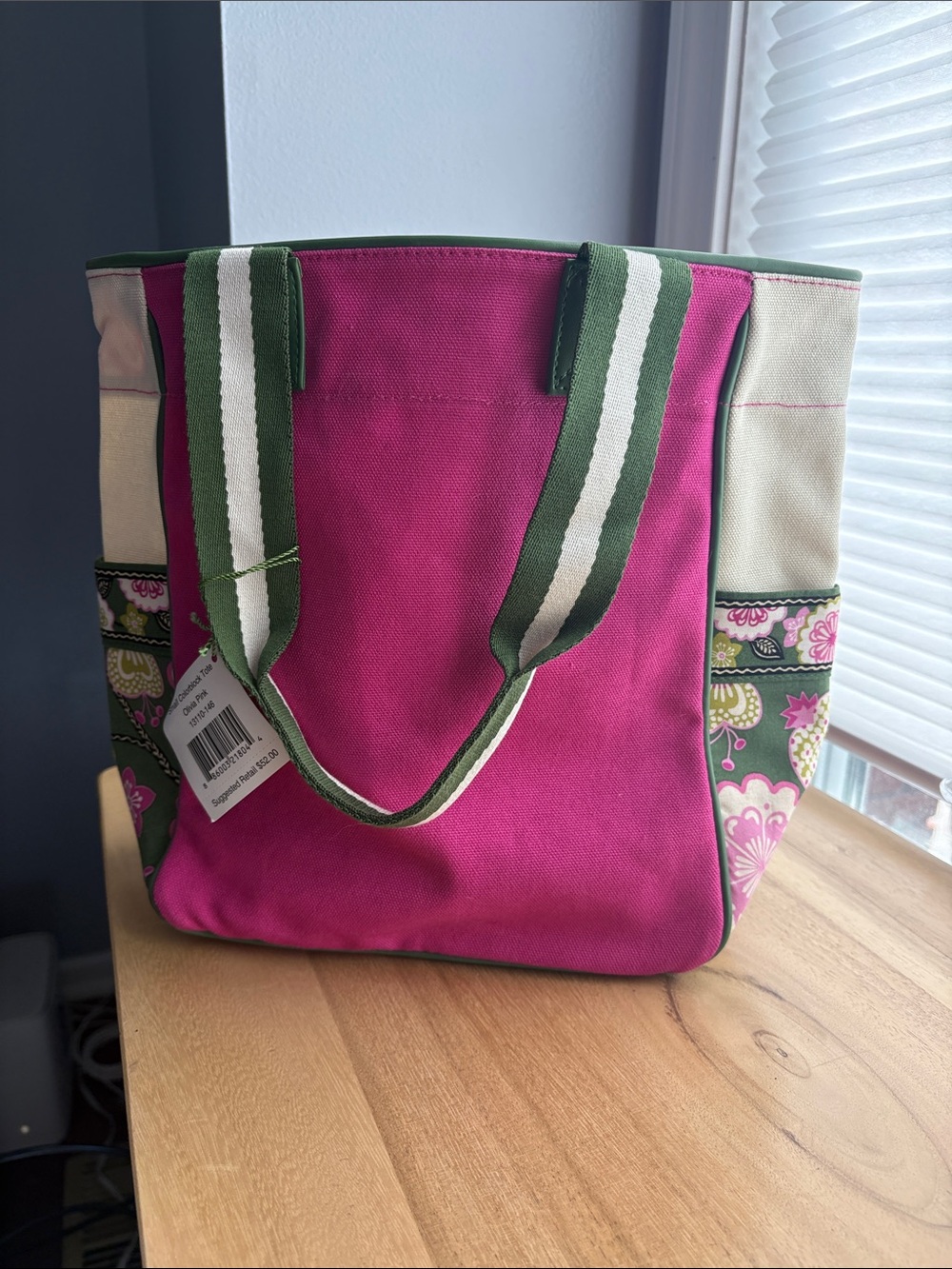 Vera Bradley Small Colorblock Olivia Pink Canvas Tote Bag with Green Accents NWT